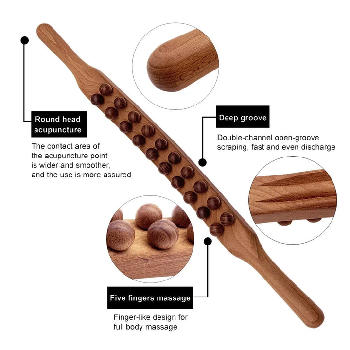 WoodRelax Gua Sha Massasje Stick – 60 cm massasjeverktøy laget av naturlig tre for dyp muskelavslapping | Skanto