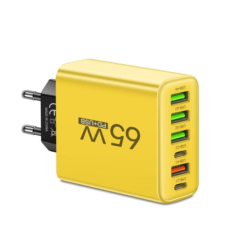 Skanto | PowerMax 65W 6-i-1 Hurtiglader – Lader opptil 6 enheter samtidig – Ideell for hjem, kontor og reise