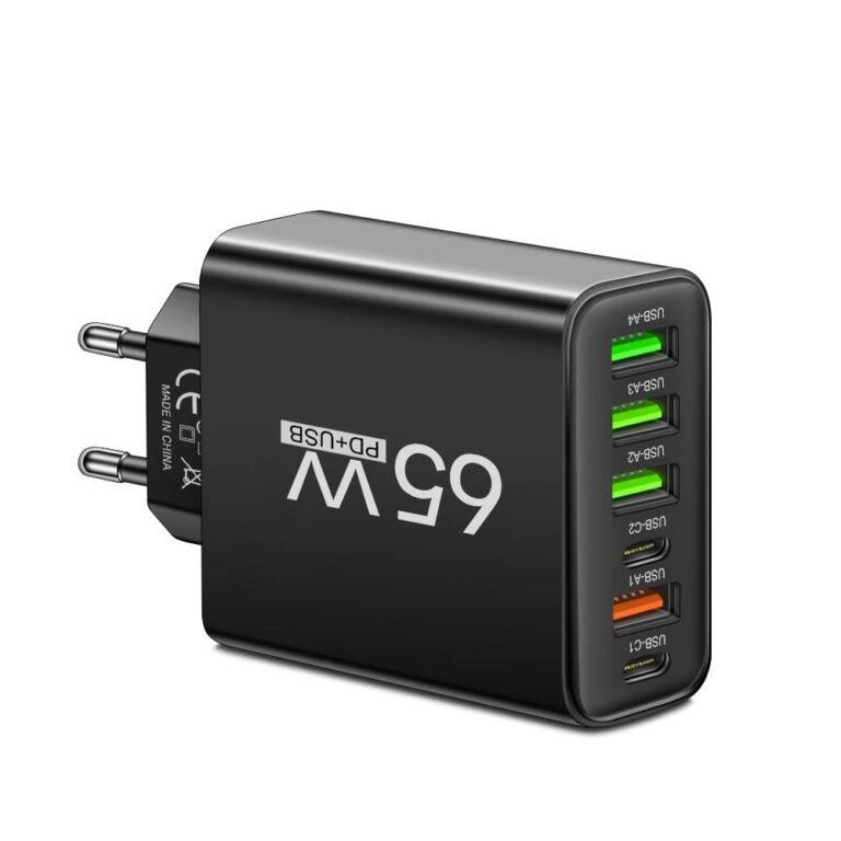 Skanto | PowerMax 65W 6-i-1 Hurtiglader – Lader opptil 6 enheter samtidig – Ideell for hjem, kontor og reise
