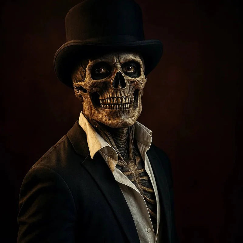 Skanto | Realistisk skjelettmaske med hatt for ultimate Halloween-transformasjoner