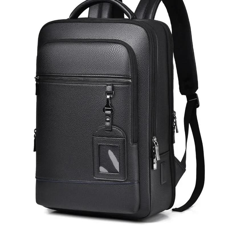 Skanto | Elegant lær ryggsekk for menn/kvinner med USB-port for laptop og hverdagsbruk, 15,6 tommer, svart