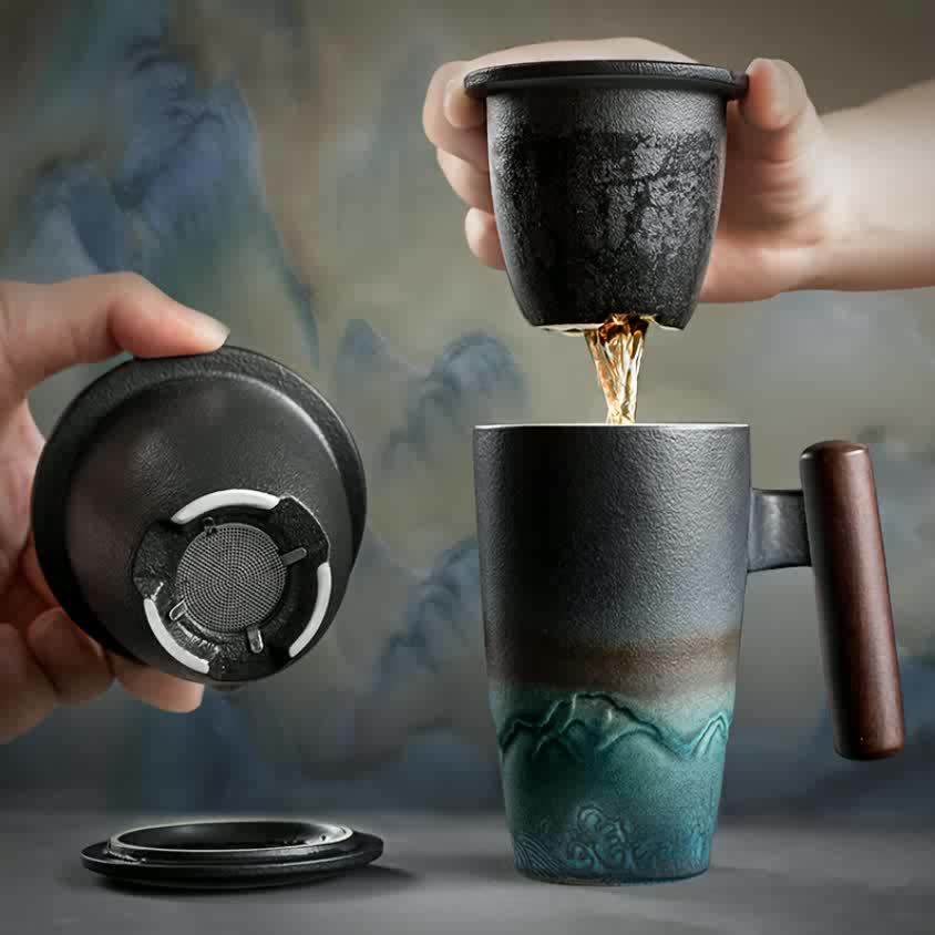 Skanto | TeaCraft Keramisk Kopp | Håndlaget | Med Te Filter og Trehåndtak | Retro Design