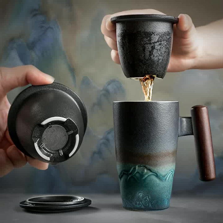 Skanto | TeaCraft Keramisk Kopp | Håndlaget | Med Te Filter og Trehåndtak | Retro Design