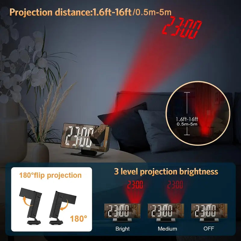 Norvo | 180° Justerbar LED prosjektionsvekkerklokke – Snus, 12/24H Tid & Temperaturvisning, Speildesign – USB-drevet, Nattmodus & Minnefunksjon