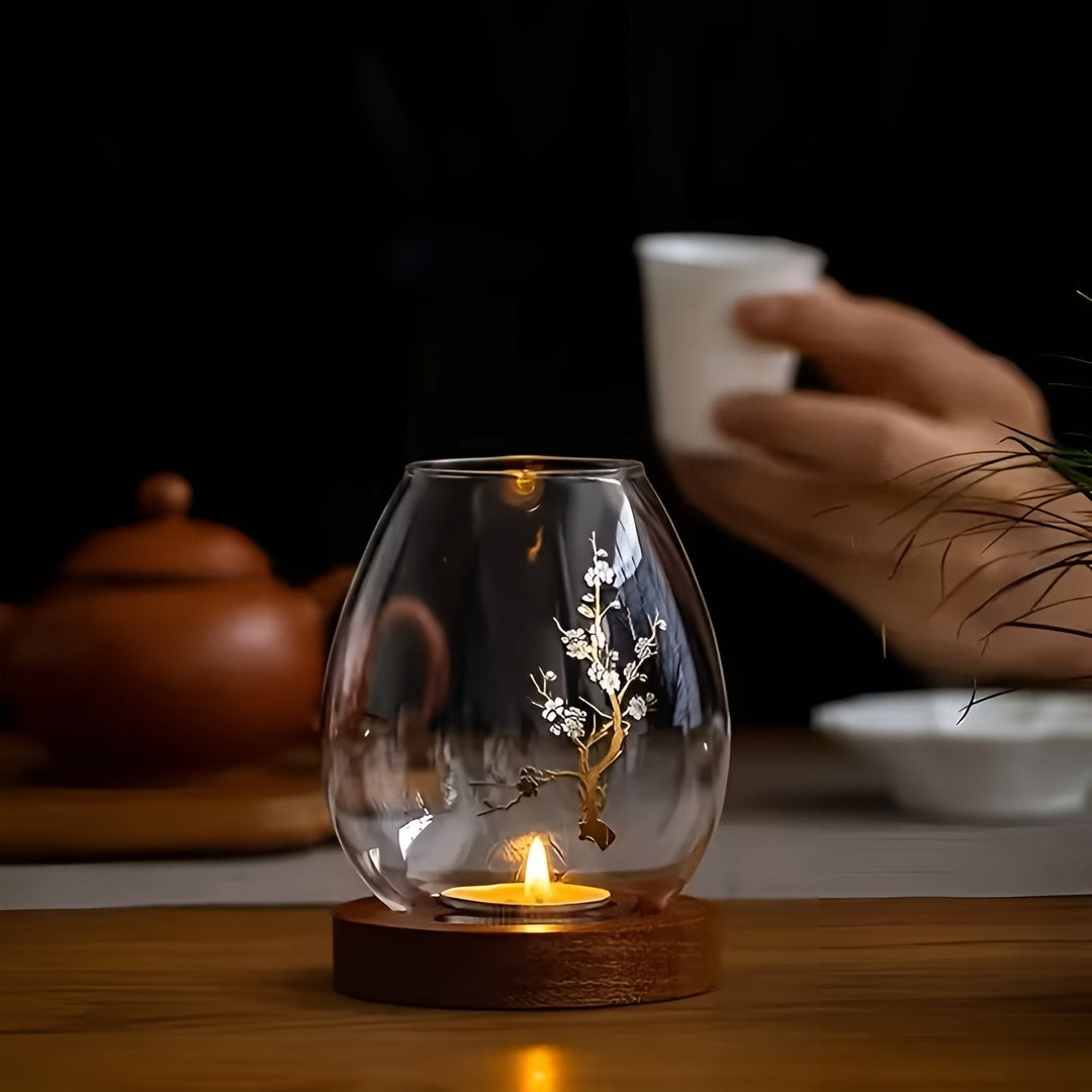 2-delt sett med lysestaker i glass med trebaser – dekorative i retro zen-stil | Perfekt for stuer, terrasser og uteområder
