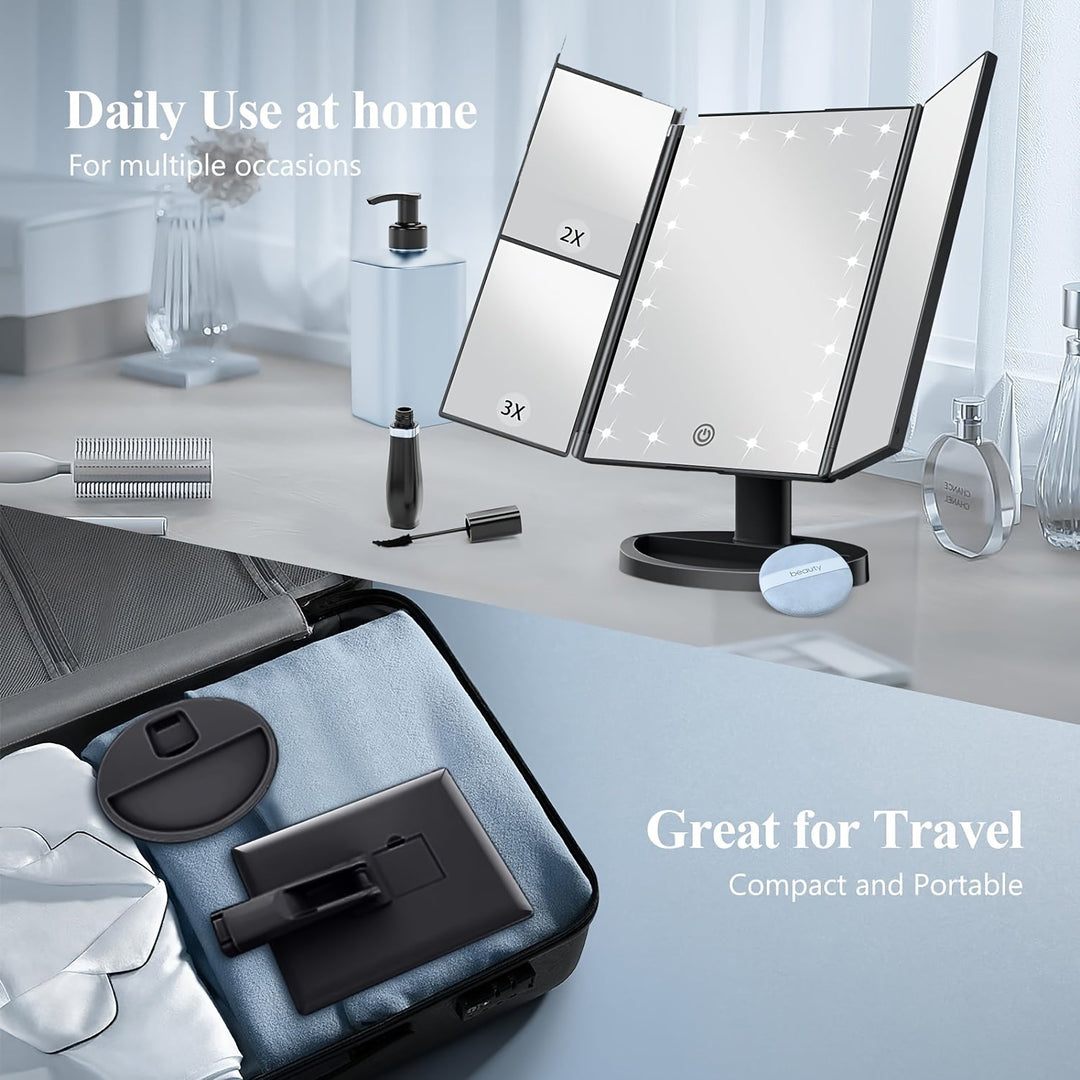 GlowMirror – Sammenleggbar LED Sminkespeil med 3x/2x Forstørrelse | Skanto