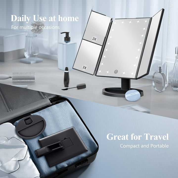 GlowMirror – Sammenleggbar LED Sminkespeil med 3x/2x Forstørrelse | Skanto