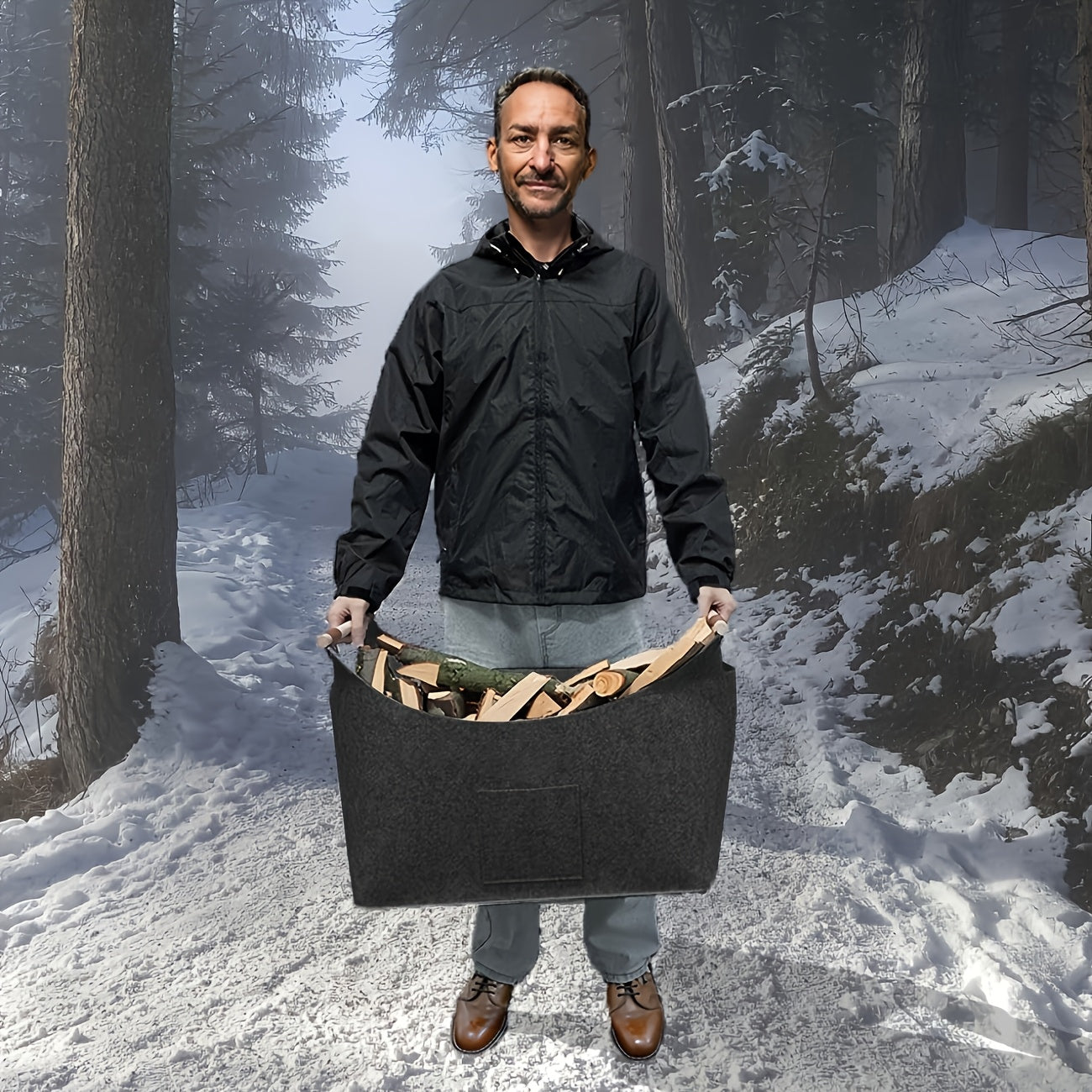 Norvo | Feldura Faltbar Filttre Holder 55 liter med Trehåndtak og Lærdetaljer, Mørk Grå