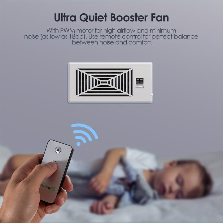 4" x 10" Smart Register Booster Fan – HVAC Byggevare med Fjernkontroll, Termostatkontroll – Stille Drift for Effektiv Oppvarming og Kjøling | Skanto