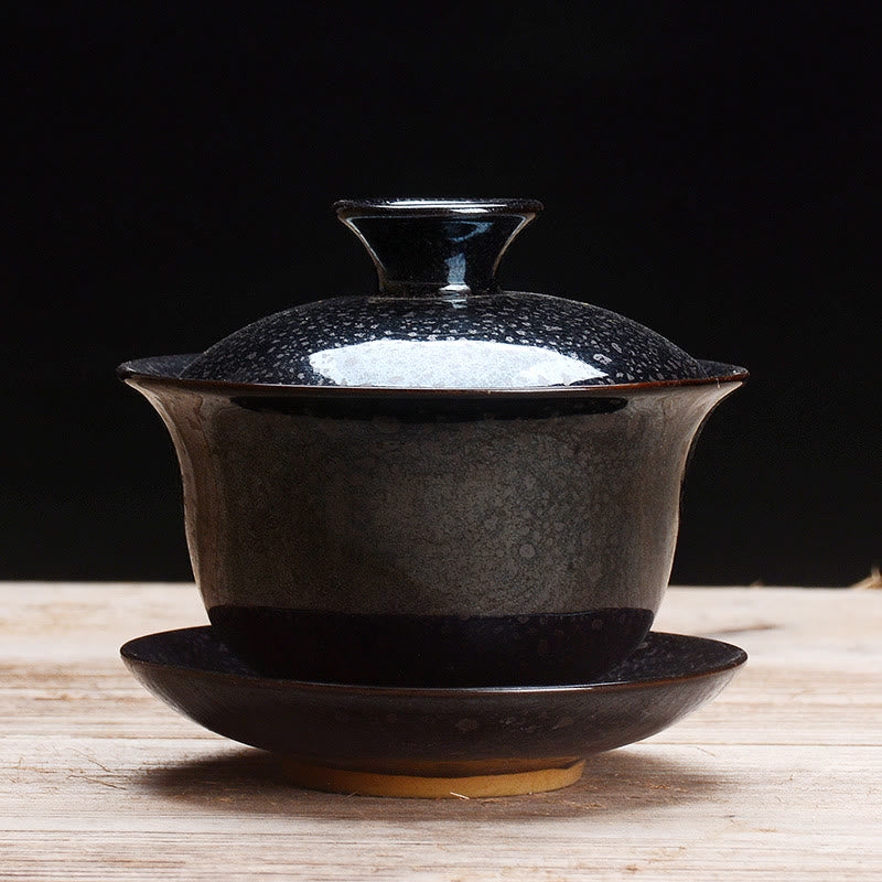 Skanto | Vintage Brennovn Keramisk Gaiwan Sancai Tekopp Tekopp og Tallerken med Lokk