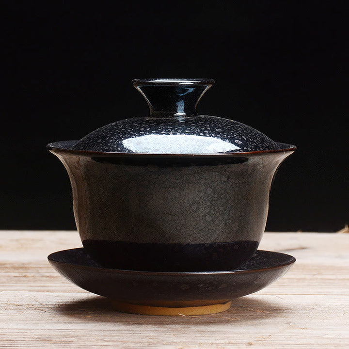 Skanto | Vintage Brennovn Keramisk Gaiwan Sancai Tekopp Tekopp og Tallerken med Lokk