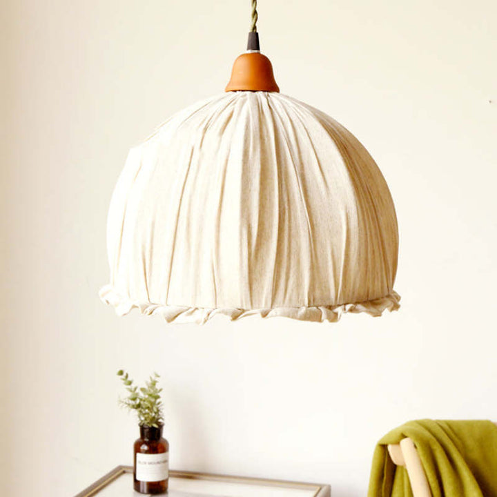 EcoLume - Minimalistisk skandinavisk LED-pendellampe med beige stoffskjerm og justerbar bue for stue og spisestue