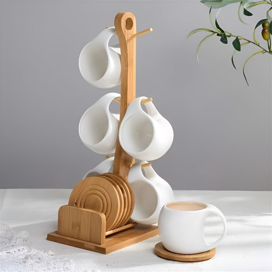 Keramisk Kaffe Krus Sett med Tallerken & Stativ – Stilig og Dekorativ | Perfekt for Kafé og Hjem | Skanto