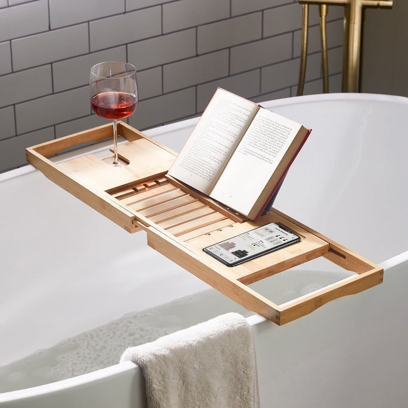 Skanto | Aurevo Bamboo Badekar Caddy | Utvidbar luksus badekarbrett med vinglass- og bokholder