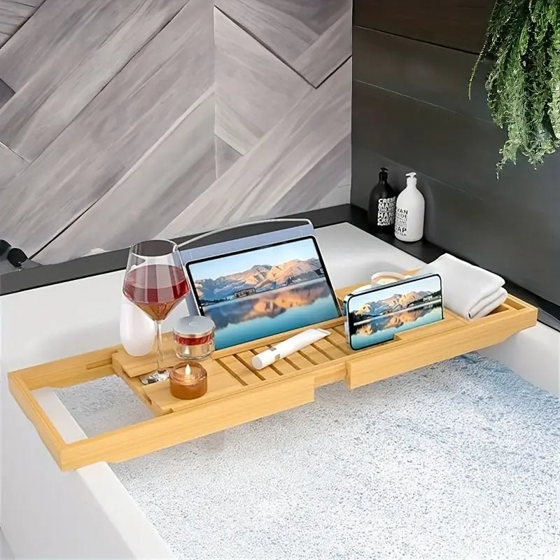 Skanto | Aurevo Bamboo Badekar Caddy | Utvidbar luksus badekarbrett med vinglass- og bokholder