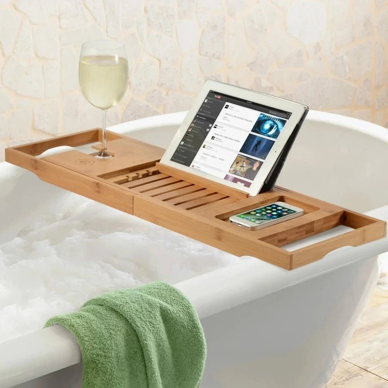 Aurevo Bambus-Badewannenablage | Ausziehbare Luxus-Badewannenablage med Weinglas- og Buchhalter