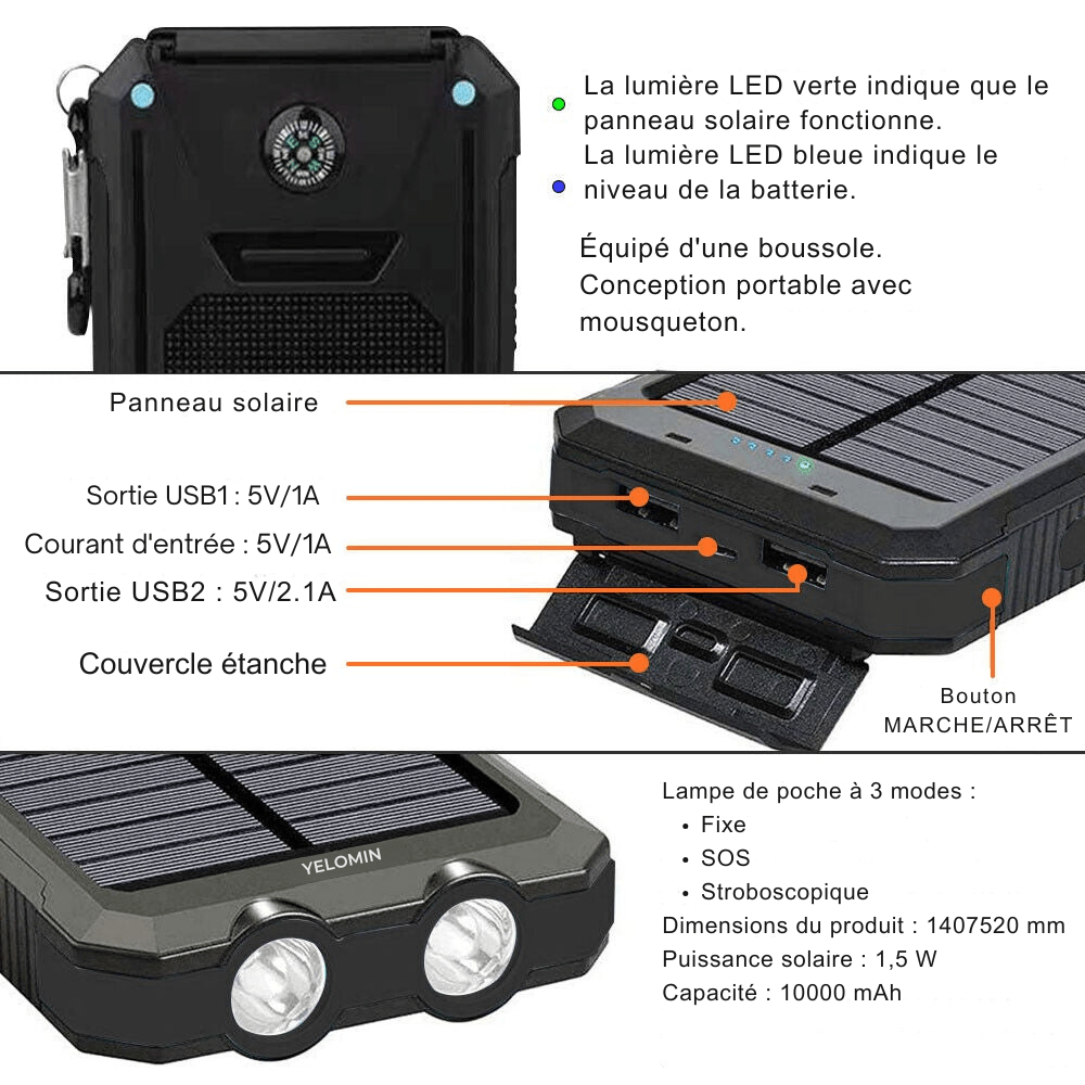 Skanto | Vanntett Støtsikker Solbatteri 10 000 mAh | Soloppladbar
