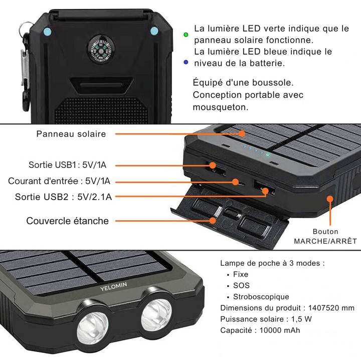Skanto | Vanntett Støtsikker Solbatteri 10 000 mAh | Soloppladbar