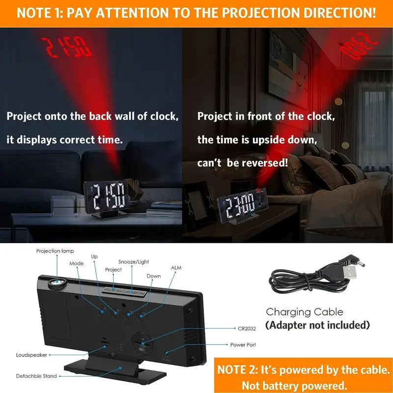 Norvo | 180° Justerbar LED prosjektionsvekkerklokke – Snus, 12/24H Tid & Temperaturvisning, Speildesign – USB-drevet, Nattmodus & Minnefunksjon