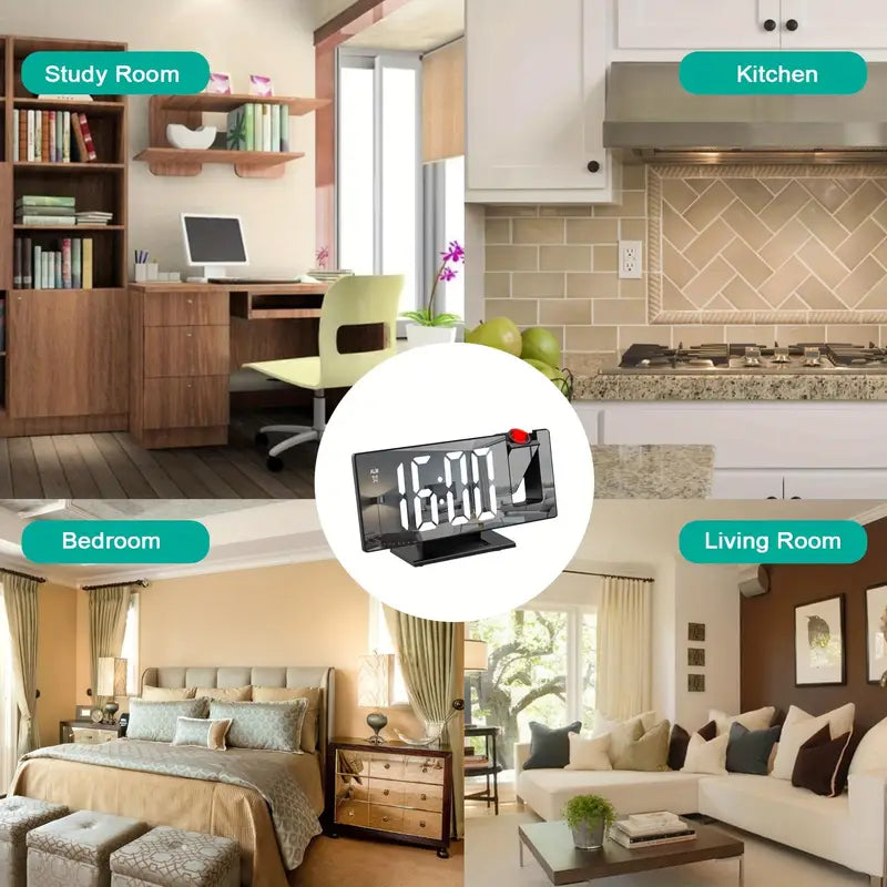 Norvo | 180° Justerbar LED prosjektionsvekkerklokke – Snus, 12/24H Tid & Temperaturvisning, Speildesign – USB-drevet, Nattmodus & Minnefunksjon