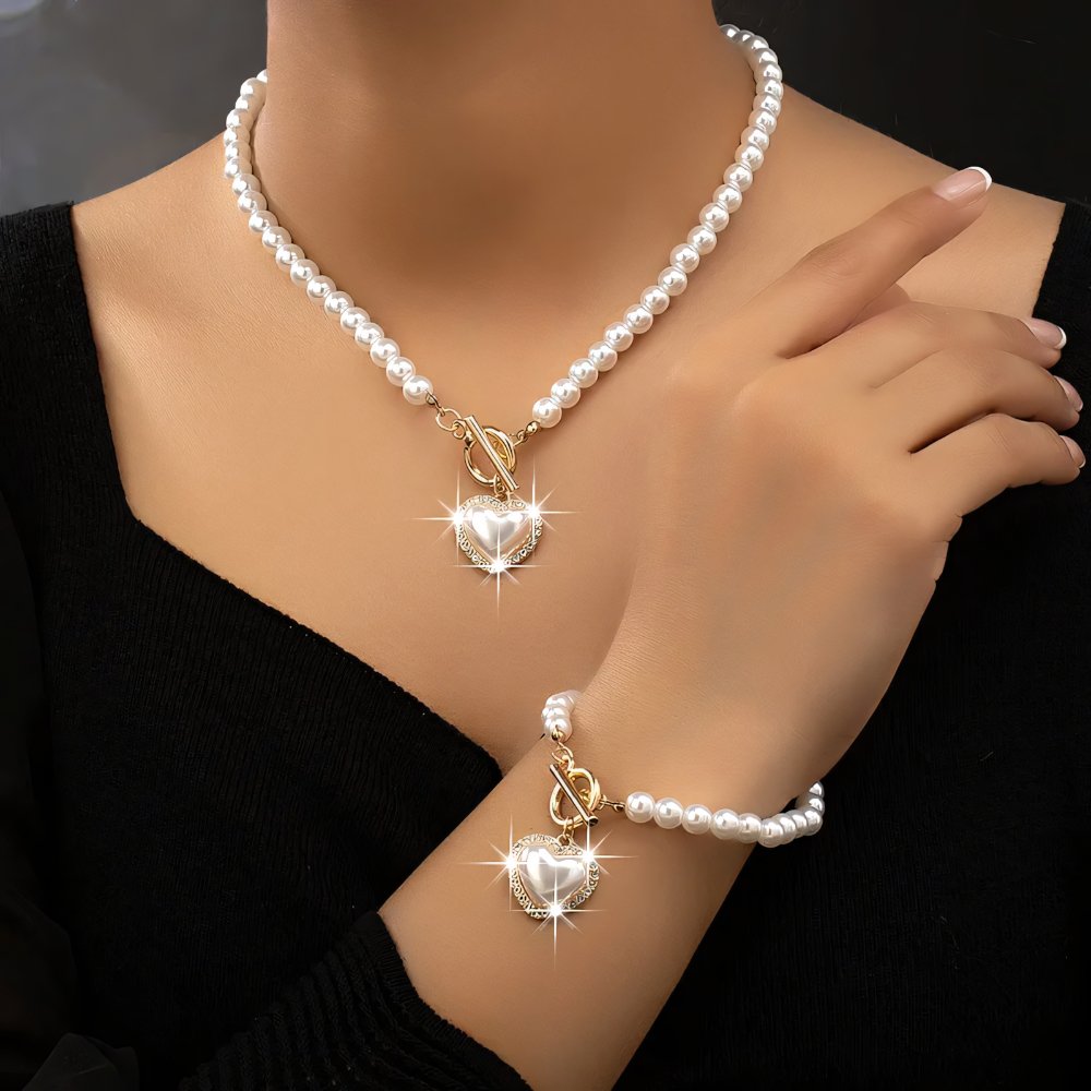 Skanto | 2pc Perle Hjerte Anheng Armbånd og Halskjede Sett