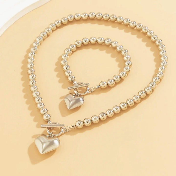 Skanto | 2pc Perle Hjerte Anheng Armbånd og Halskjede Sett