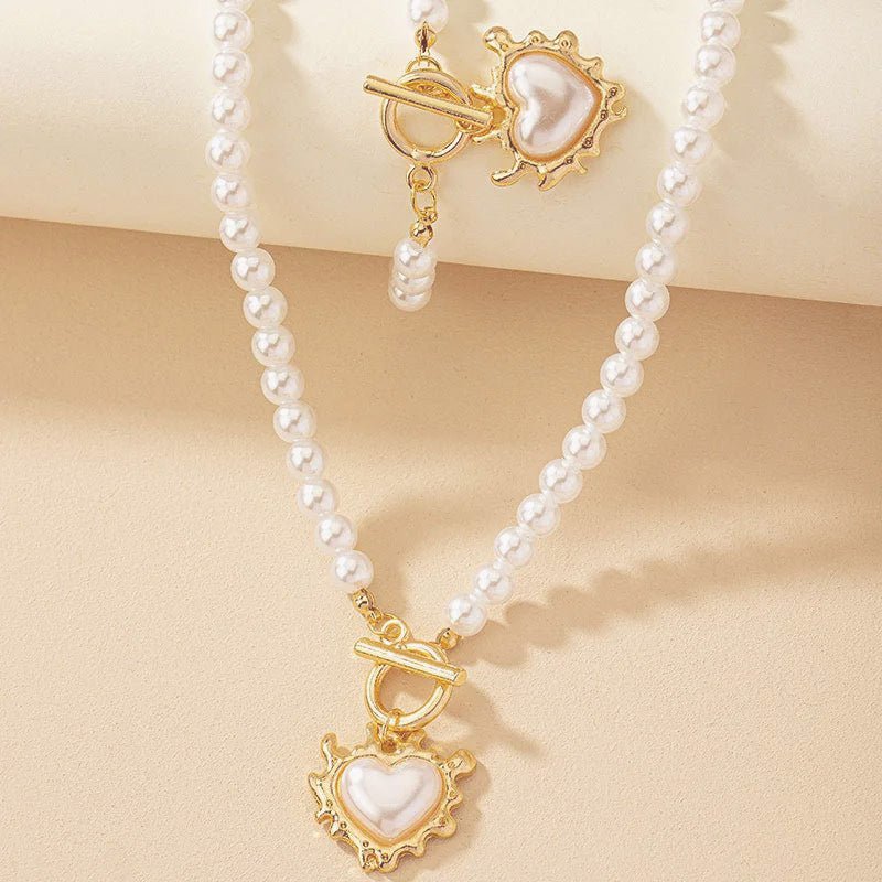 Skanto | 2pc Perle Hjerte Anheng Armbånd og Halskjede Sett