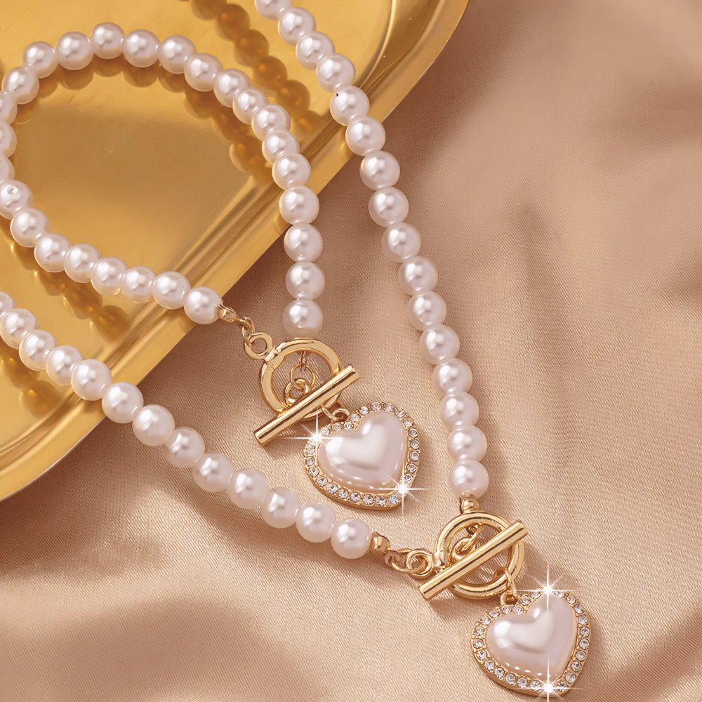 Skanto | 2pc Perle Hjerte Anheng Armbånd og Halskjede Sett