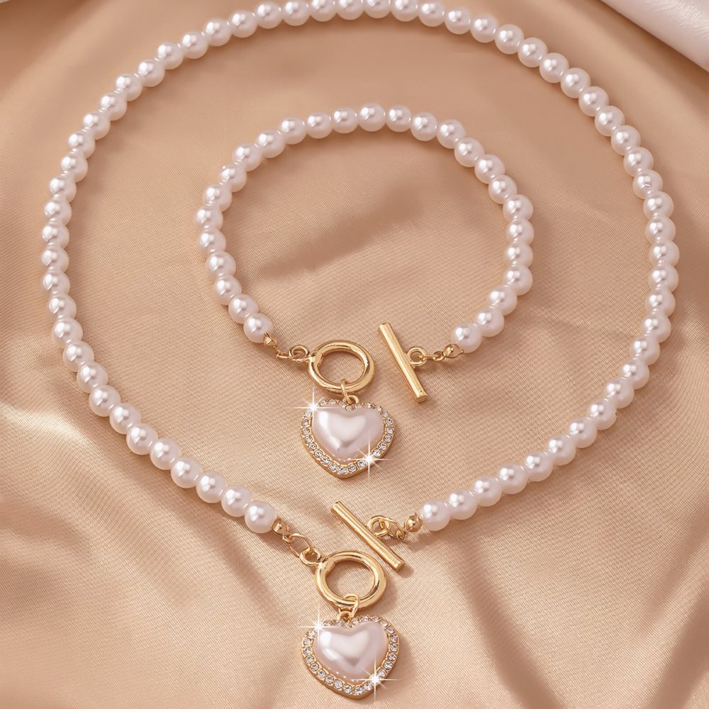 Skanto | 2pc Perle Hjerte Anheng Armbånd og Halskjede Sett