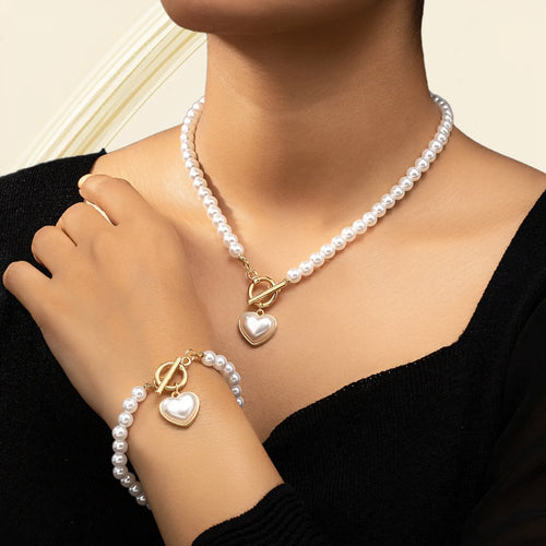Skanto | 2pc Perle Hjerte Anheng Armbånd og Halskjede Sett