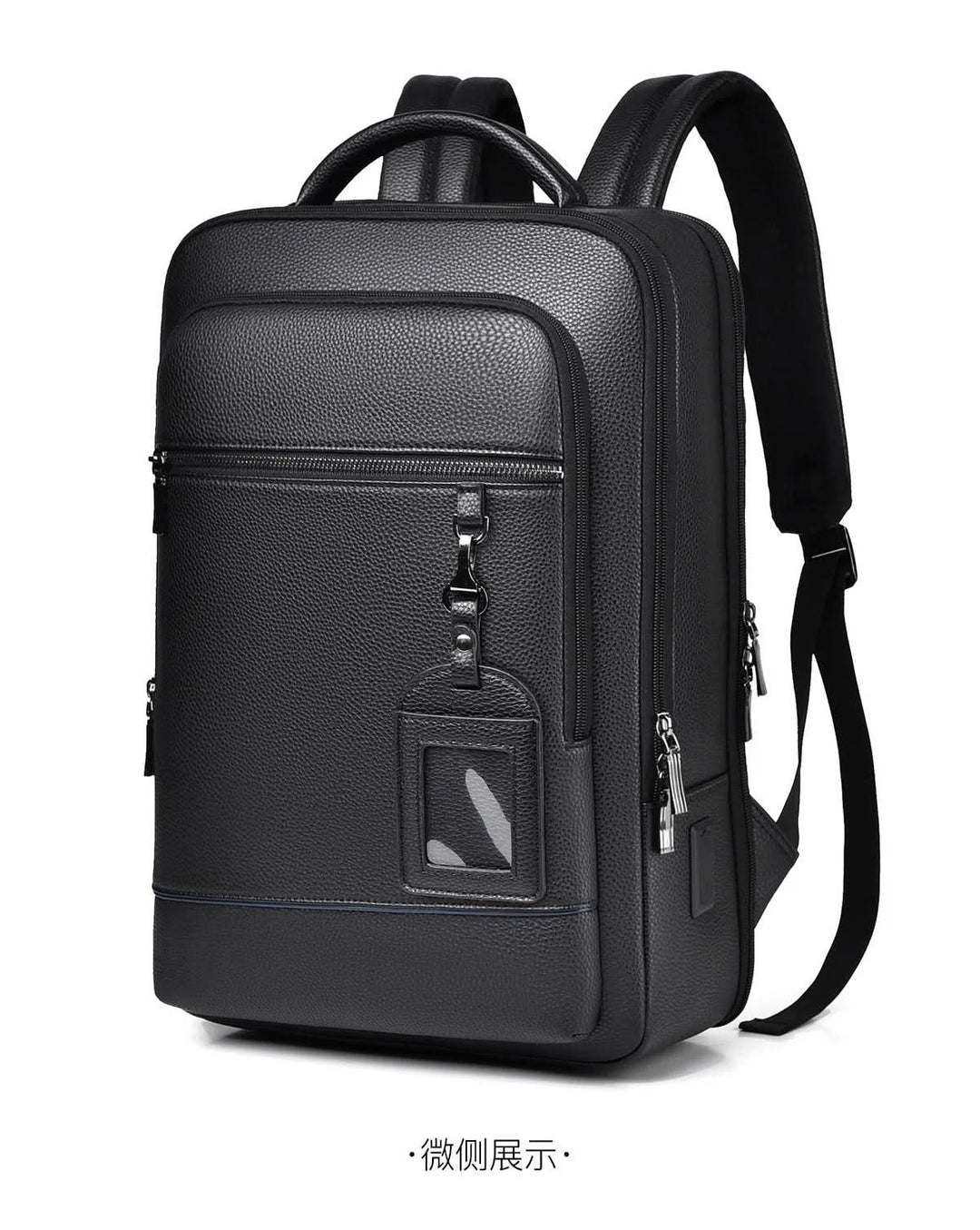 Eleganter Lederrucksack for Damen og Herren med USB-anschluss for laptop og täglichen bruk, 15,6 Zoll, schwarz