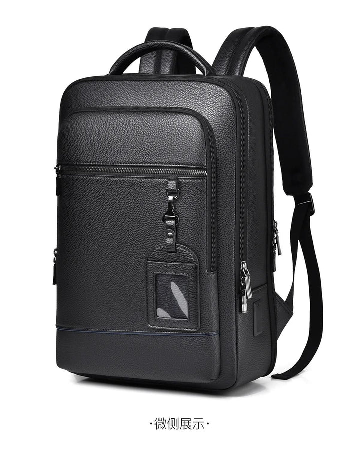 Eleganter Lederrucksack for Damen og Herren med USB-anschluss for laptop og täglichen bruk, 15,6 Zoll, schwarz