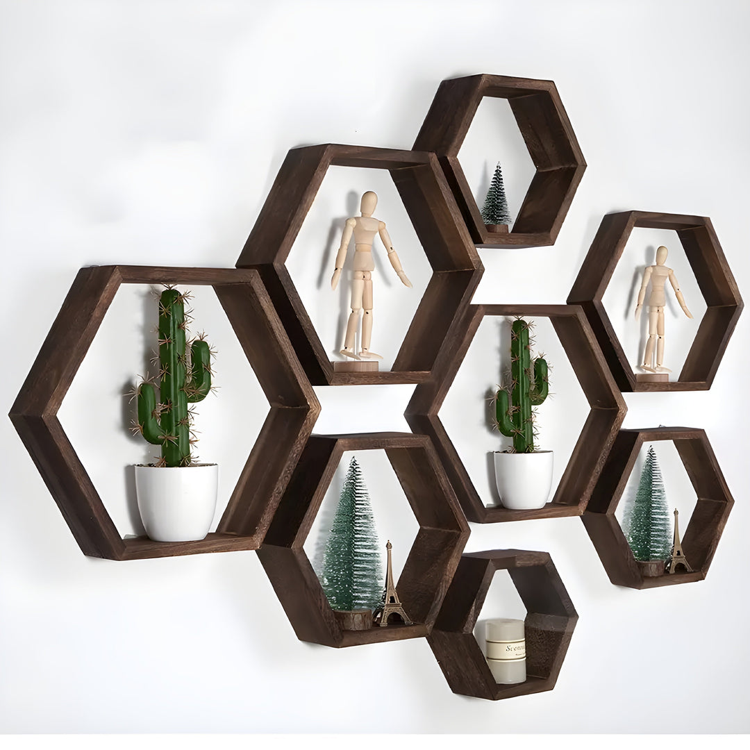 Skanto | Vegghyllesett HexaWood | 5-delt | Sekskantet design | Rustikk trelook