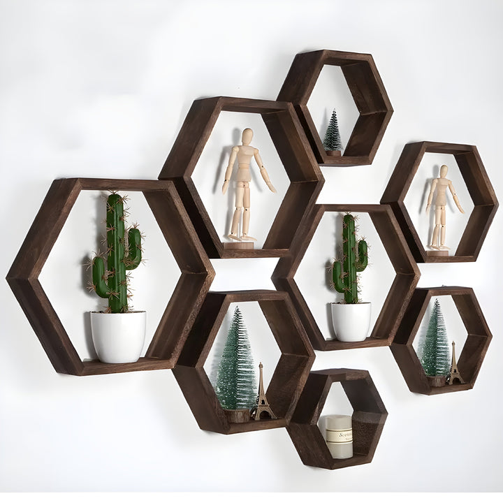 Skanto | Vegghyllesett HexaWood | 5-delt | Sekskantet design | Rustikk trelook
