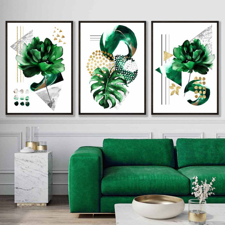 Sett med 3 innrammede veggkunstverk i grønt og gullfarget blomstermotiv