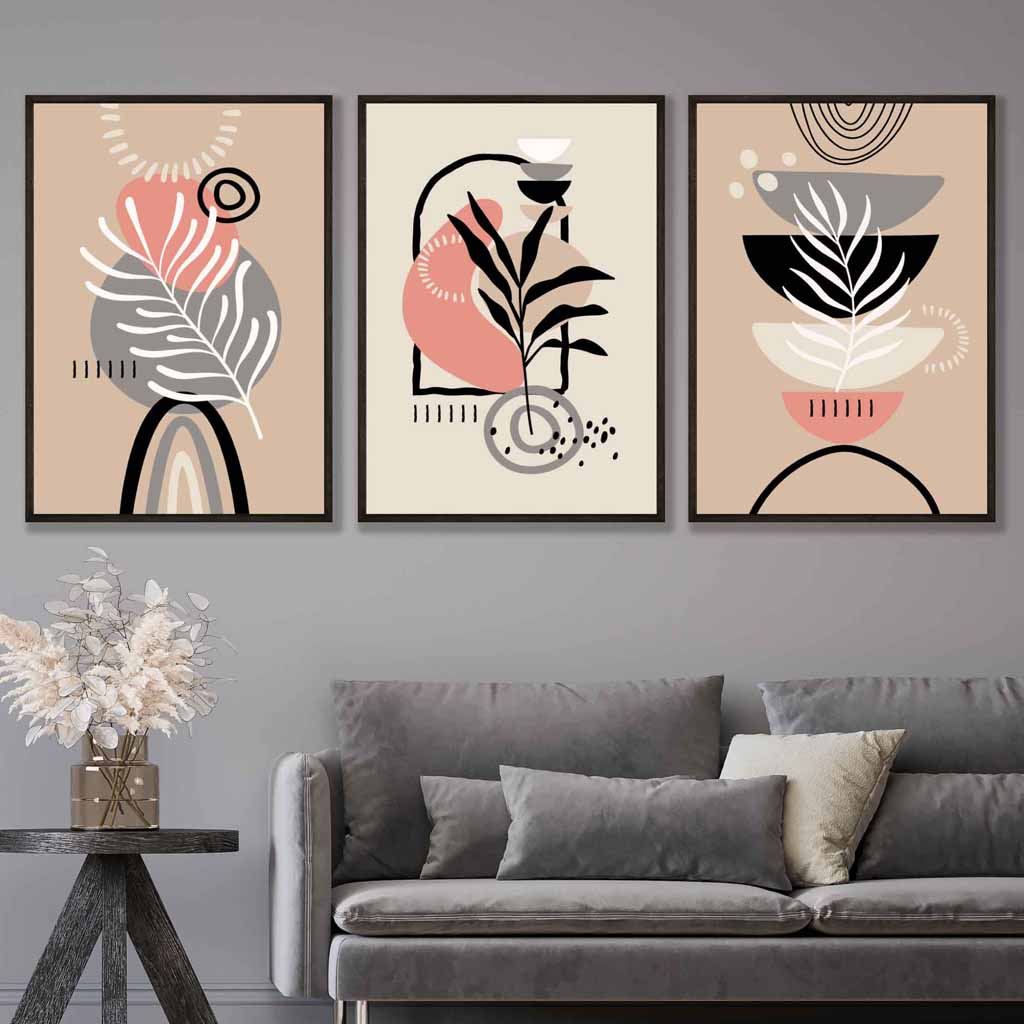 Bohemsk abstrakt sett med 3 veggkunstverk i rosa, svart, beige og grått