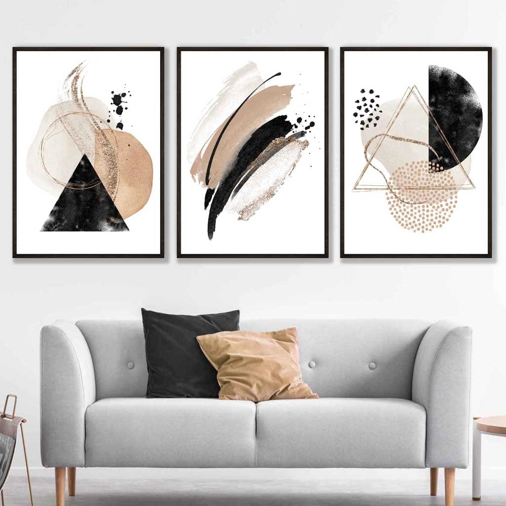 Abstrakt sett med 3 akvarellkunsttrykk i svart og beige
