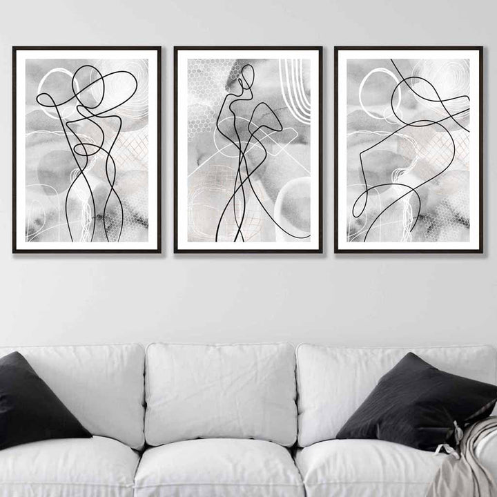 Abstrakt sett med 3 motekunstveggmalerier i svart og grått