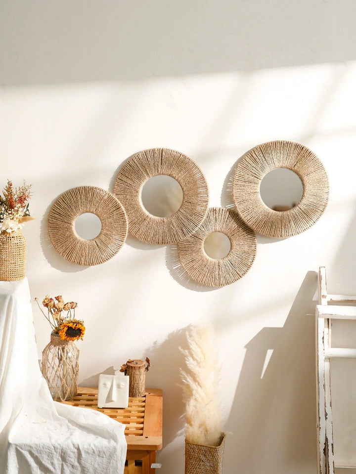 Skanto | Rund dekorativ veggspeil i boho stil med vevd hamp tau