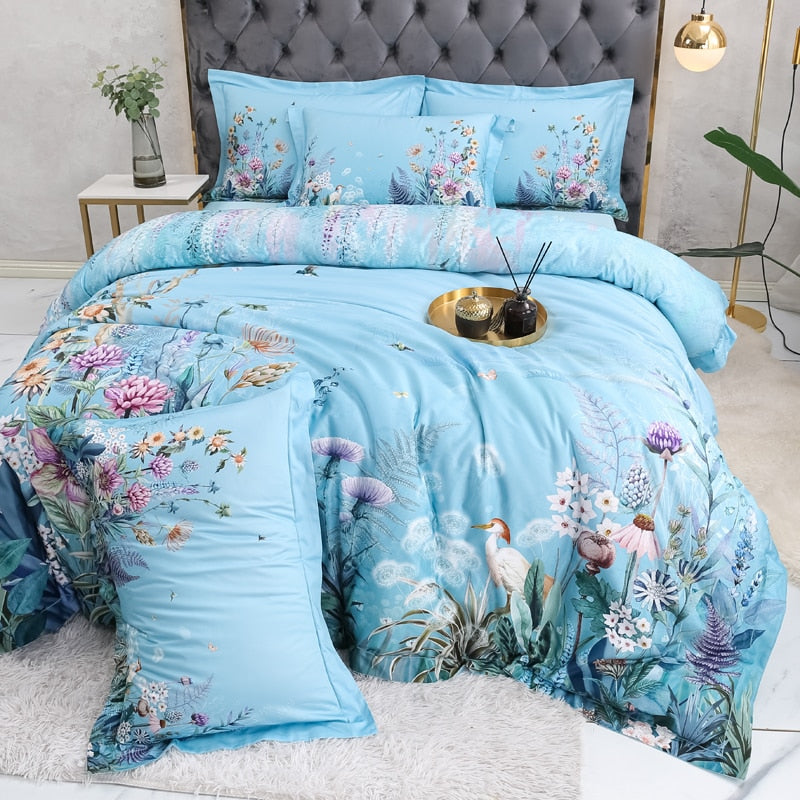 Azure Bloom Duvet Cover Set (Egyptian Cotton, 500 TC) | Skanto