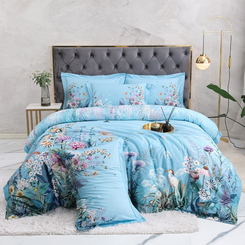 Azure Bloom Duvet Cover Set (Egyptian Cotton, 500 TC) | Skanto