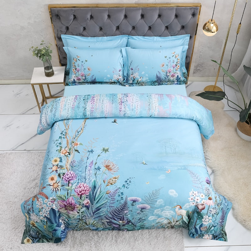 Azure Bloom Duvet Cover Set (Egyptian Cotton, 500 TC) | Skanto