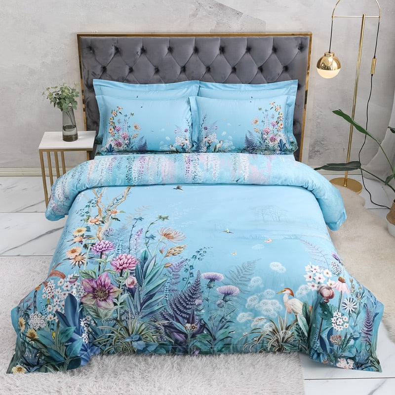Azure Bloom Duvet Cover Set (Egyptian Cotton, 500 TC) | Skanto