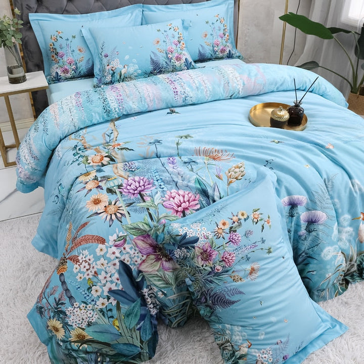Azure Bloom Duvet Cover Set (Egyptian Cotton, 500 TC) | Skanto