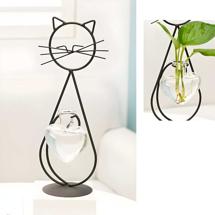 AquaPurr Vase - Hydroponisk Glass Hjertevase med Katteformet Holder | Skanto