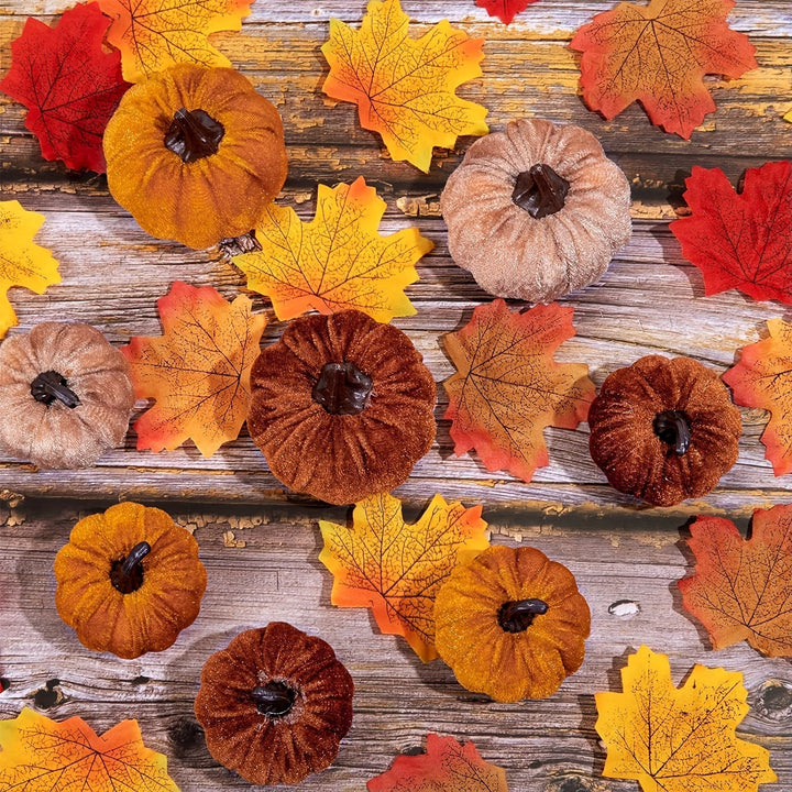 Skanto | Høstdekorasjon Gresskar Sett – 12 Stykker Kunstige Gresskar med Fløyelsfinish