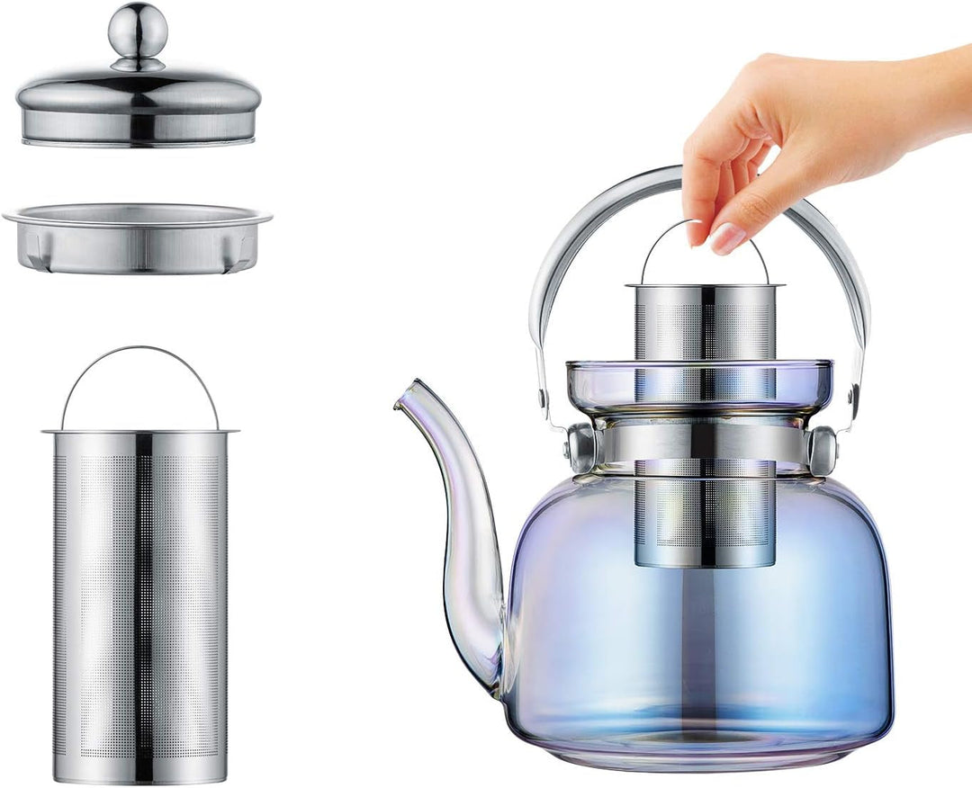 Skanto | 50 Oz(1500Ml) Glass Teapot with Lid, Removable Stainless Steel Tea Strainer and Handle, Stovetop Safe Tea Maker for Blooming and Loose Leaf Tea (Iridescent)