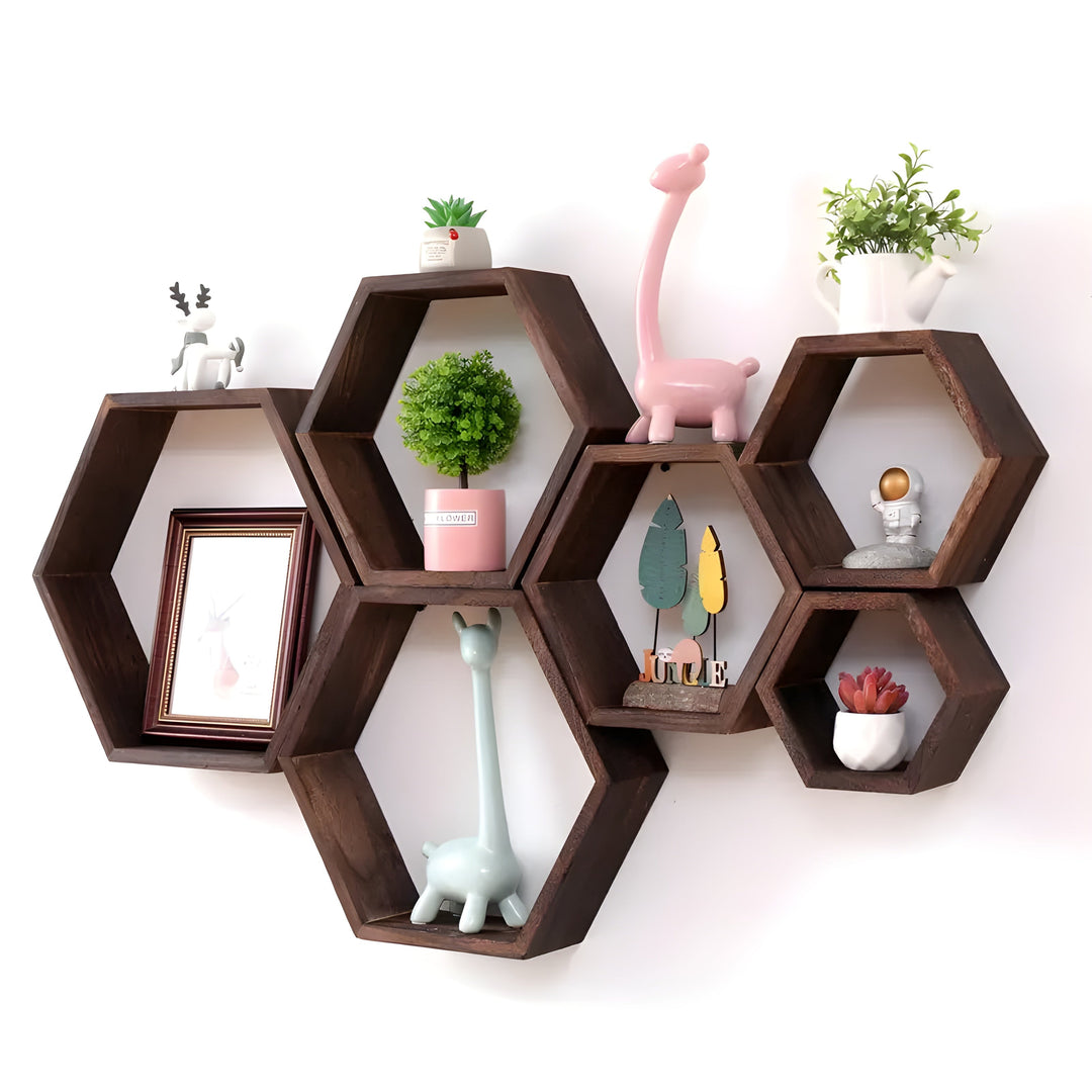 Skanto | Vegghyllesett HexaWood | 5-delt | Sekskantet design | Rustikk trelook