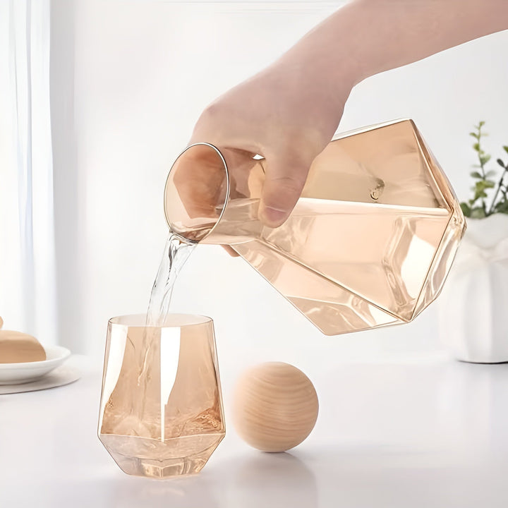 Diamant glass bilkarafels sett med 4 glass – moderne og dekorativ | 5-delt sett med lokk for vann, juice og vin | Skanto