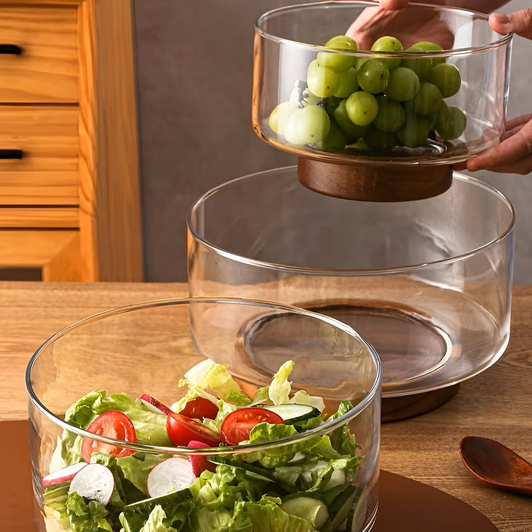Glasskål med trebase – Elegant og dekorativ | Perfekt for frukt, snacks og salater på kjøkkenet | Skanto